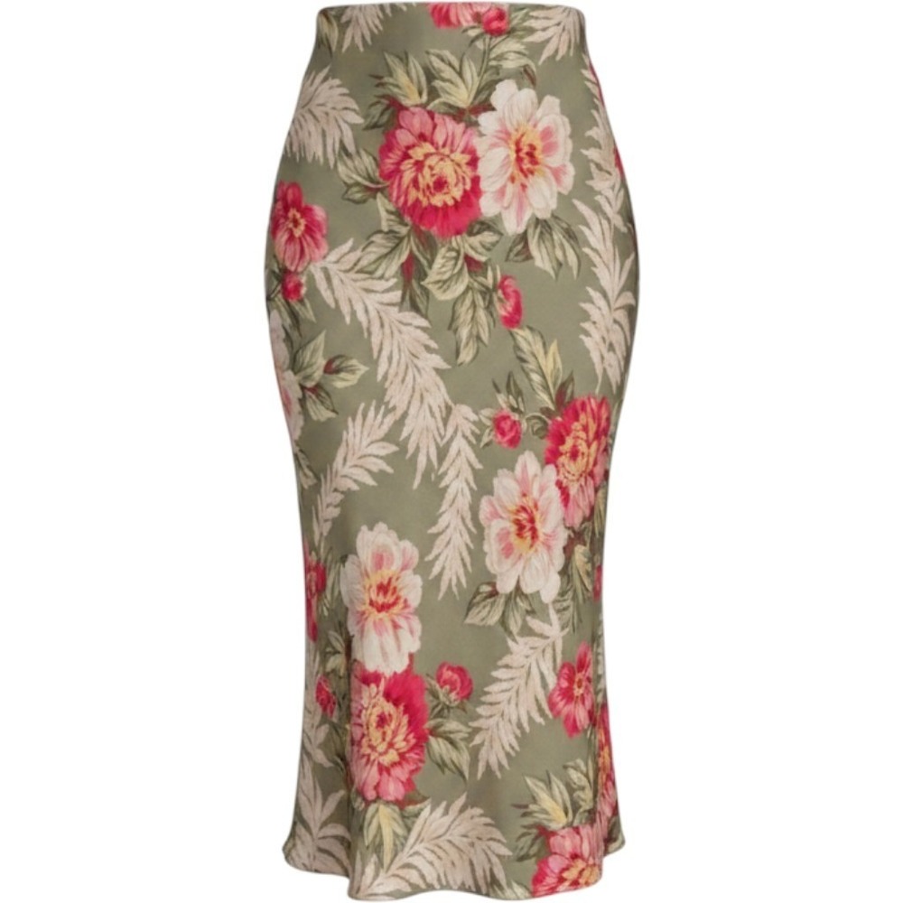 Vintage JNY Signature Silk  Midi Skirt Green/Coral Y2K Cottagecore Floral  6P